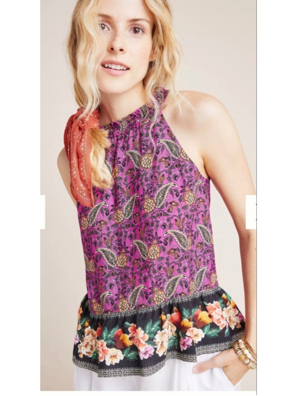 FARM Rio for Anthropologie Mikah Halter Top Womens M Pink Floral Paisley Boho Ta